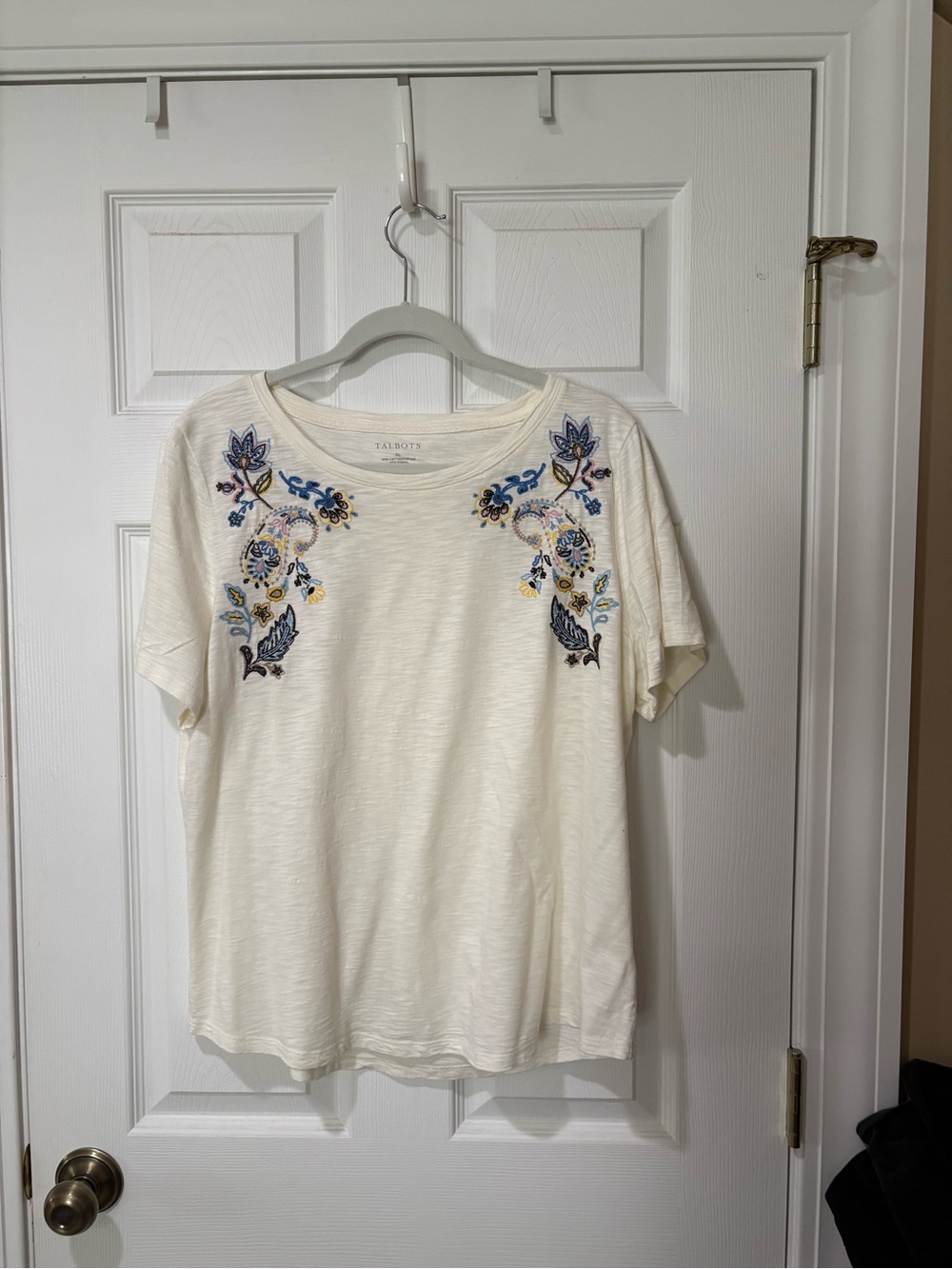 Talbots Cream Short Sleeve Tee with Blue & Yellow Floral Embroidery